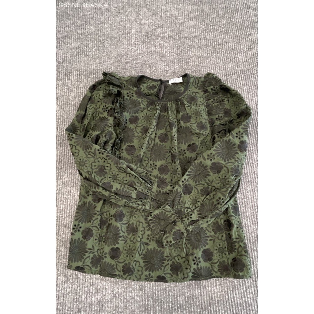 Claudie Pierlot Olive Green Floral Ruffle Long Sleeve Blouse Top - Size S/M